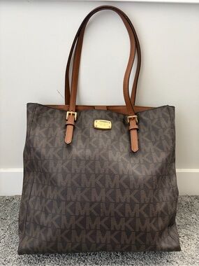 Michael Kors Dark Brown MK Monogram Tote with Tan Leather Straps